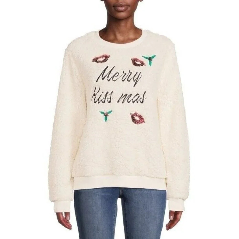 Derek Heart Women's Christmas Merry Kiss‎ Mas Faux Sherpa Pullover Size S NWT